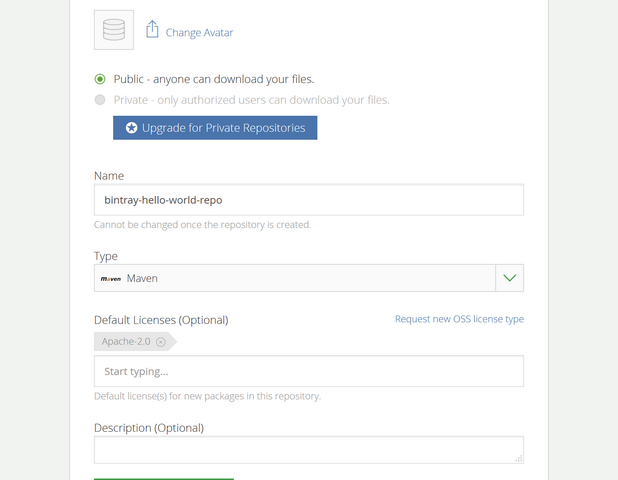 Bintray - New Repository details